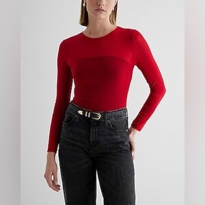 Express Long-sleeve Fitted Mesh Top Lipstick Red EUC